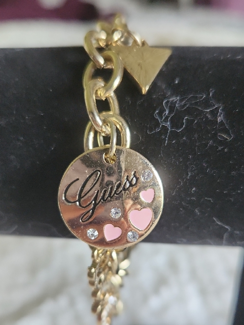 GUESS Gold-Tone Charm Bracelet with Pink Heart Accents Boho Vibe - Picture 3 of 12